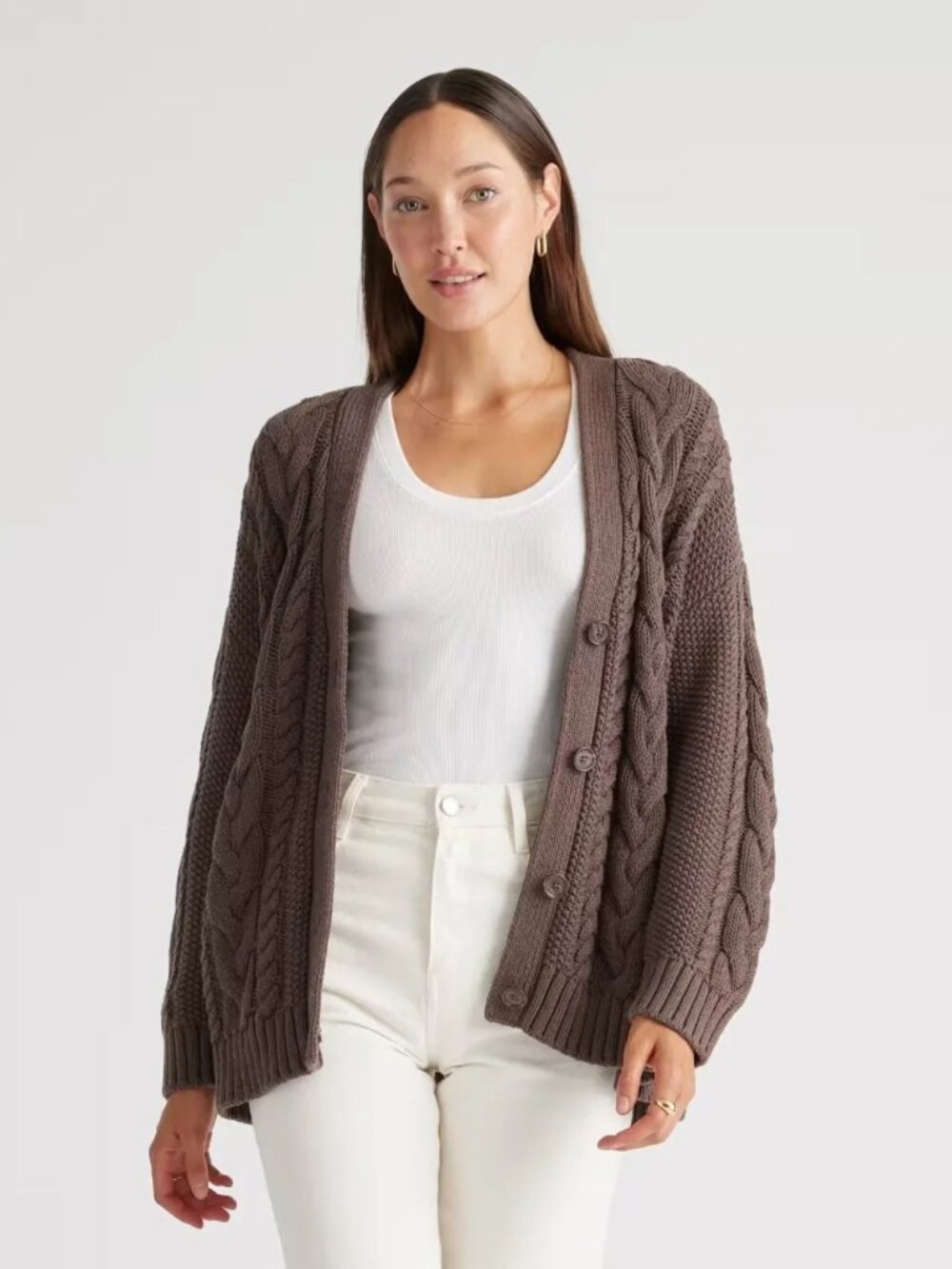Quince Cardigan Sweater Chunky Cable Knit Organic Cotton Brown Oversized Small